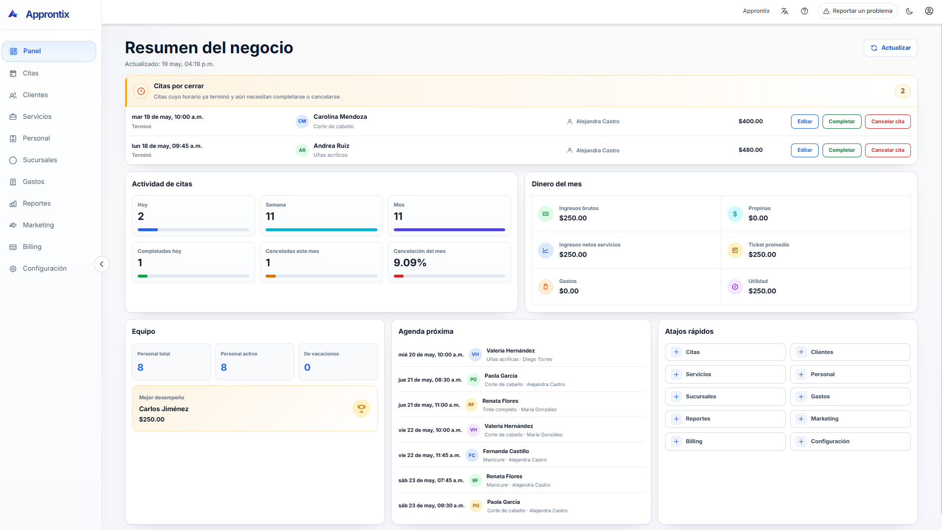 Vista real de Approntix con citas, indicadores, actividad de clientes y control operativo diario.