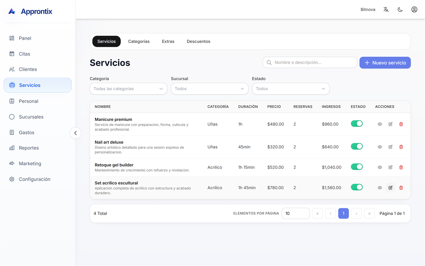 Vista del módulo de servicios de Approntix dentro del sistema conectado